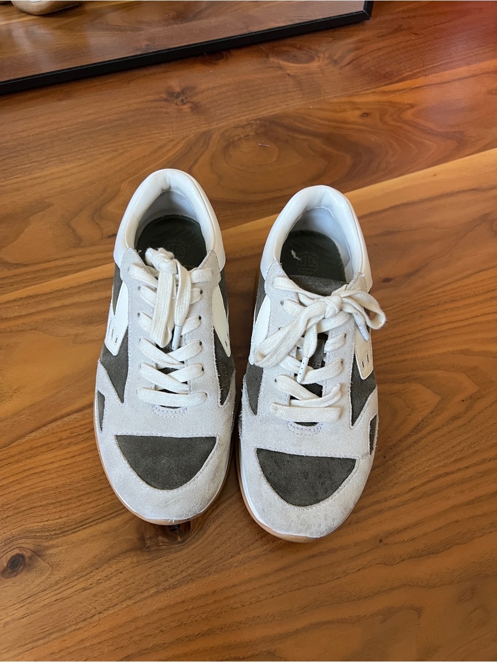 Tory Burch White and Olive Suede Sneakers